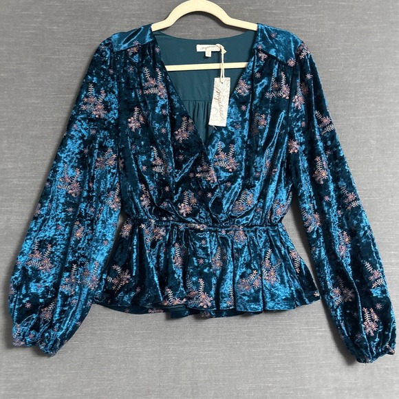 Mystree Tops - NEW Mystree Top M Teal Blue Pink Velvet Peplum Wrap Embroidered Balloon Cocktail